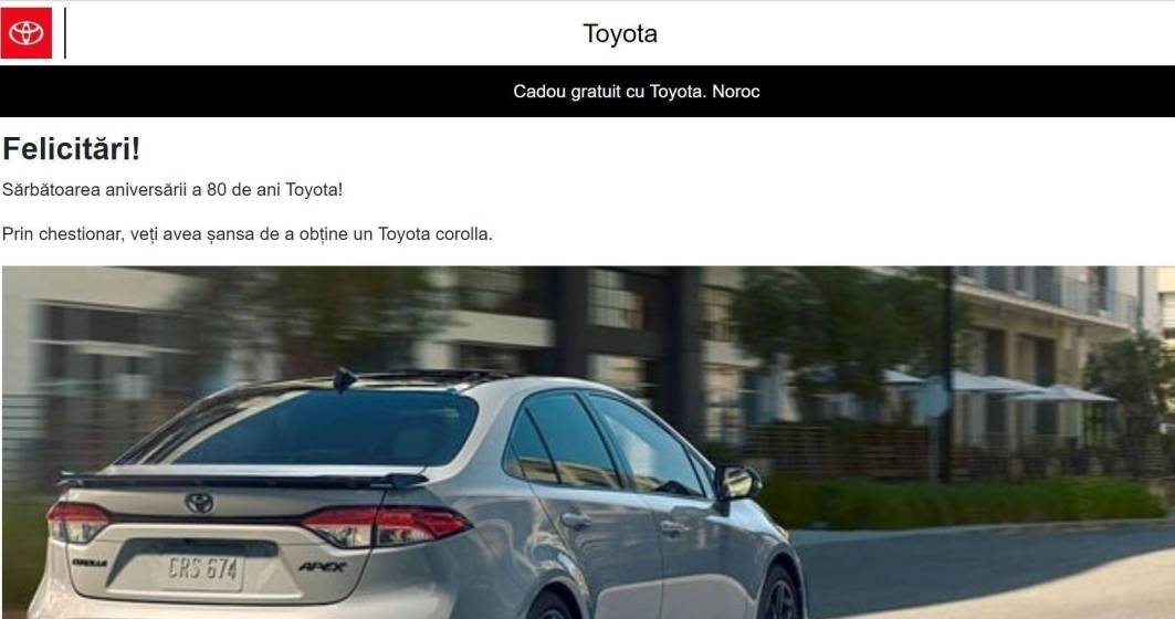 Imagine pentru articolul: CERT-RO: Un nou atac de tip scam - concurs pentru a câștiga o mașină Toyota